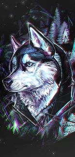 Abstract husky with neon accents on dark background.