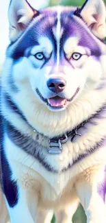 Purple-hued husky in natural light with vibrant background.