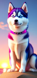 Vibrantly colored husky at sunset on a beach with pink and purple tones.