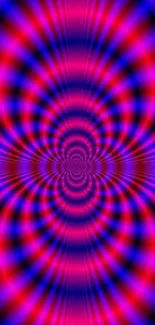 Colorful hypnotic pattern with vibrant purple and red hues.