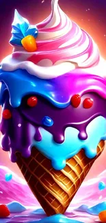 Vibrant ice cream cone with colorful layers and candies on a bright background.