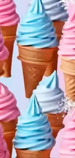 Colorful ice cream cones with pastel swirls.