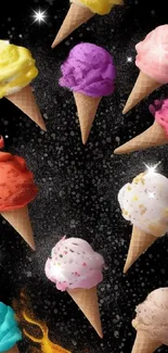 Colorful ice cream cones on dark background wallpaper.