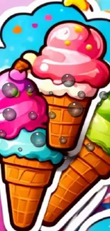 Colorful ice cream cones on blue cloud background.