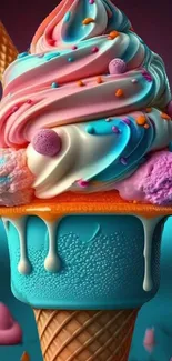 A colorful ice cream cone with vibrant pastel swirls and sprinkles.