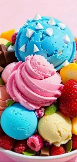 Assorted colorful ice cream and fresh fruits in a bowl.