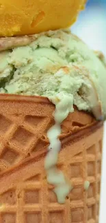 Colorful ice cream cone with mango and mint scoops on a blue background.