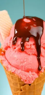 Pink ice cream cone with chocolate syrup on teal background.