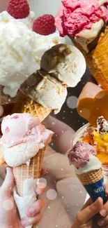 Vibrant cones of ice cream held in hands with a colorful and sweet theme.