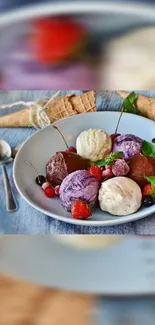 Colorful ice cream scoops with fruits on a plate, ideal for mobile wallpaper.