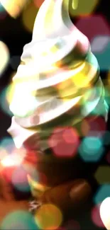 Ice cream cone with vibrant colorful bokeh lights in the background.