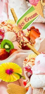 Colorful ice cream wallpaper with fruits and vibrant decorations.