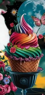 Colorful ice cream cone with a moonlit background and butterflies.