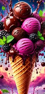 Vivid ice cream cone with berries and chocolate in surreal sky.