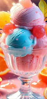 Vibrant ice cream scoops with fruits in a glass dish.