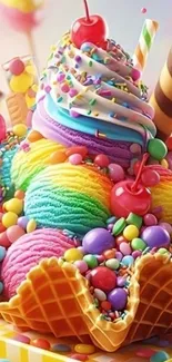 Vibrant rainbow ice cream with toppings in a waffle cone
