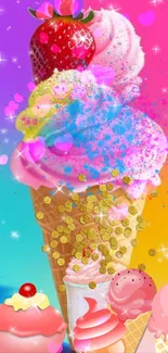 Colorful ice cream cone wallpaper with rainbow hues and sprinkles.