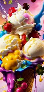 Colorful ice cream splash with berries, syrup, and vivid colors.