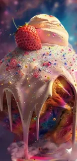 Cosmic ice cream fantasy with sprinkles and strawberry topping.