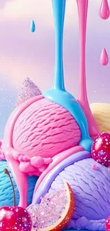 Colorful ice cream scoops with cherries, dripping sauce.