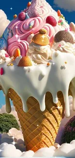 Whimsical ice cream cone in fantasy landscape with colorful details.