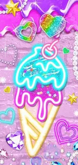 Vibrant neon ice cream with hearts and jewels on purple background.