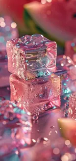 Vibrant ice cubes with watermelon and pink hues for a refreshing background.