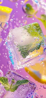 Ice cubes with mint and lemon in a bubbly purple setting.