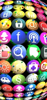 3D sphere of colorful app icons on a mobile wallpaper.