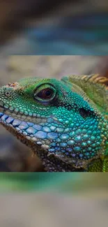 Close-up of a vibrant green iguana with textured scales.