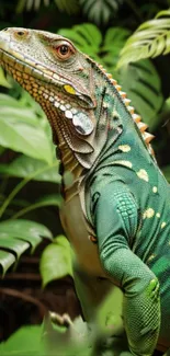 Green iguana among lush jungle leaves with vibrant colors.