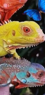 Vibrant iguanas with a blue butterfly in a colorful nature scene.