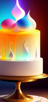 Vibrant digital artwork of a glowing, multi-tiered cake on a decorative stand.