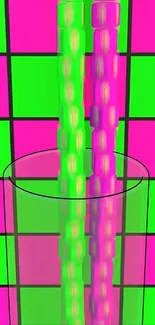 Neon-colored geometric illusion art wallpaper with vibrant patterns.