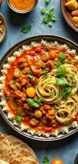 Colorful Indian dish with varied garnishes.