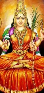 Colorful Indian deity wallpaper with a vibrant goddess in orange attire.