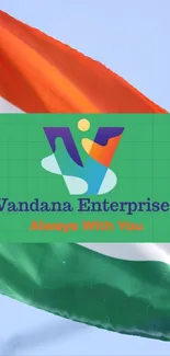 Colorful Indian flag with business logo overlay.