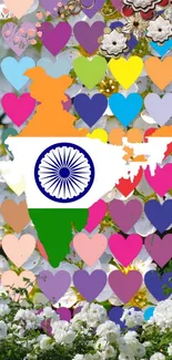 Indian flag with colorful hearts and floral background.