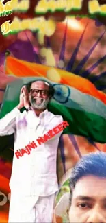 Wallpaper of an iconic figure with Indian flag and vibrant background.