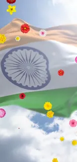 Indian flag with colorful flowers in the sky.