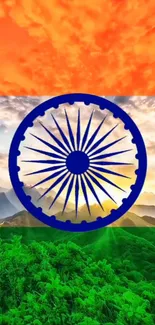 Indian flag with Ashoka Chakra over nature scene.