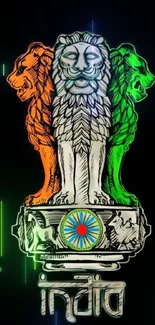 Glowing Indian national emblem with tricolor lions on black background.