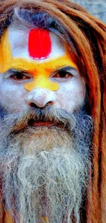 Vibrant portrait of an Indian Sadhu with colorful face paint and long beard.