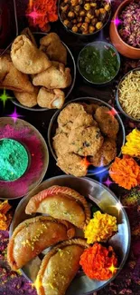 Colorful Indian snack spread with flowers and vibrant decor.