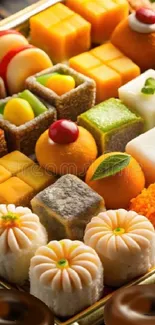 A colorful array of Indian sweets in a tray.