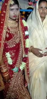 Indian bride in red sari with woman in white dress at wedding.