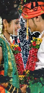 Colorful Indian wedding scene with vibrant attire and floral displays.