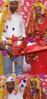 Indian wedding couple in vibrant red attire with decorative floral backdrop.