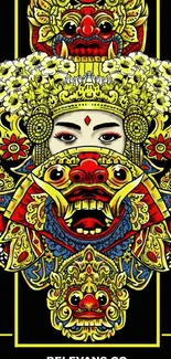 Intricate Indonesian cultural mask art in vibrant colors on a black background.