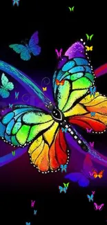 Colorful butterfly with infinity symbol on black background.